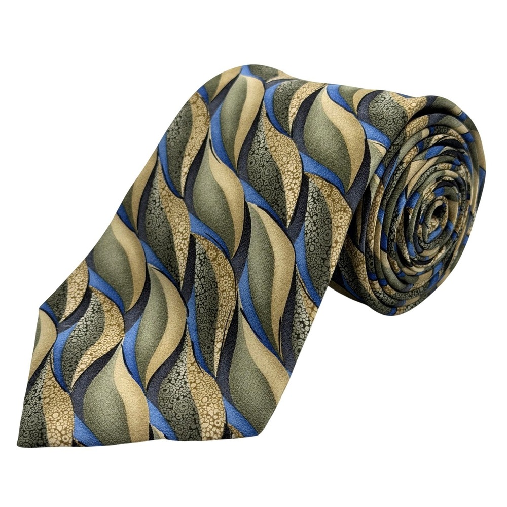 Arrow 100% Silk Mens Necktie Green Blue Tan Abstract Wave 60"L